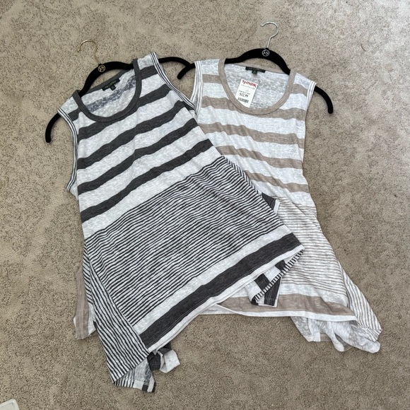 For Cynthia Tops - For Cynthia Gray/Tan & White Striped Tank Tops,  Medium, New, Set of 2